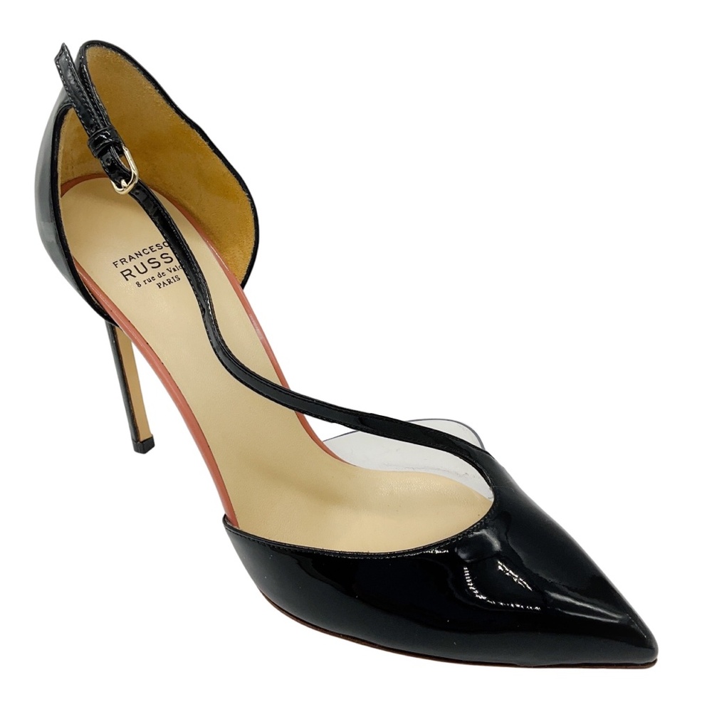 FRANCESCO RUSSO BLACK PATENT LEATHER AND LUCITE PUMPS